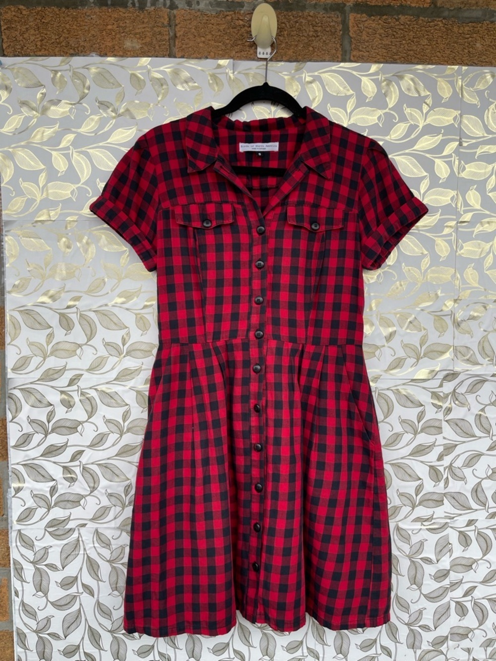 Birds of North America Red Gingham Plaid Button Front Fit Flare Mini Dress 8